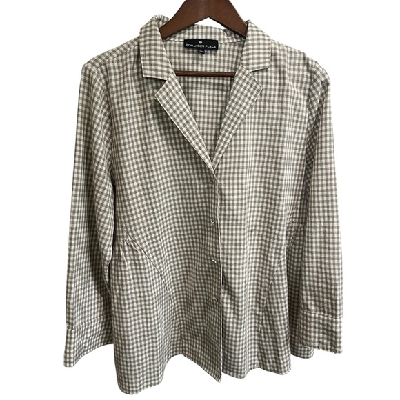 TUCKERNUCK POMANDER PLACE GINGHAM TAUPE WHITE SCARLETT LINEN COTTON BLOUSE - Picture 2 of 16